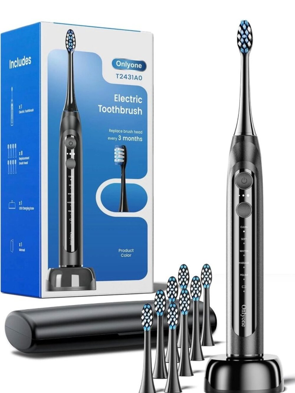 ✨ Onlyone T2431A0 Sonic Electric Toothbrush Set - 8 Brush Heads & Travel Case